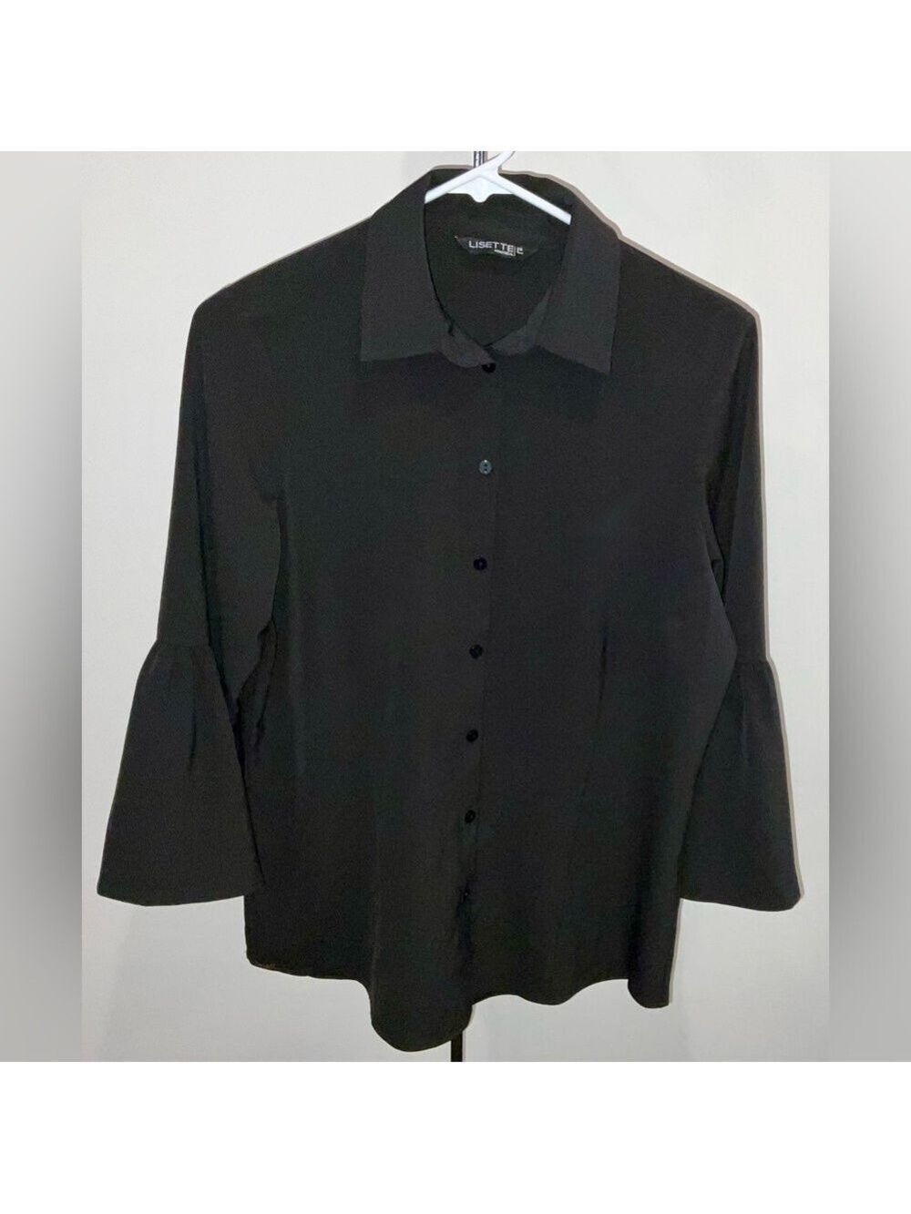 Lisette Montreal black button up blouse with flared 3/4 sleeves - size small